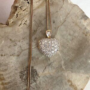 Gold Vermeil Sterling Silver 925 Pave Puffy Heart Locket Pendant Necklace 18"